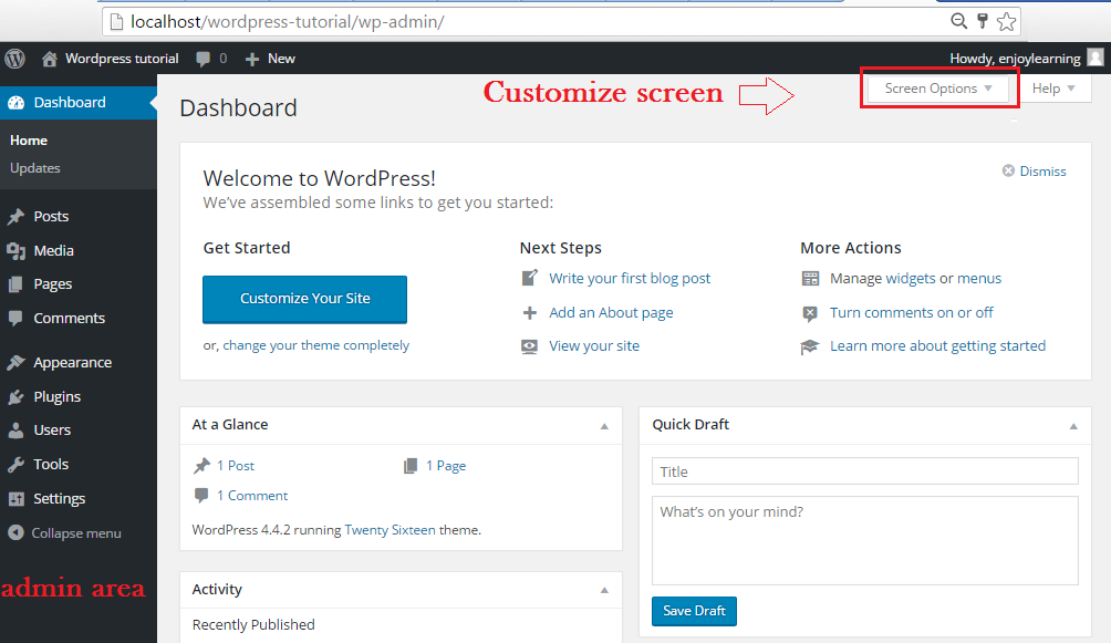 wordpress admin dashboard