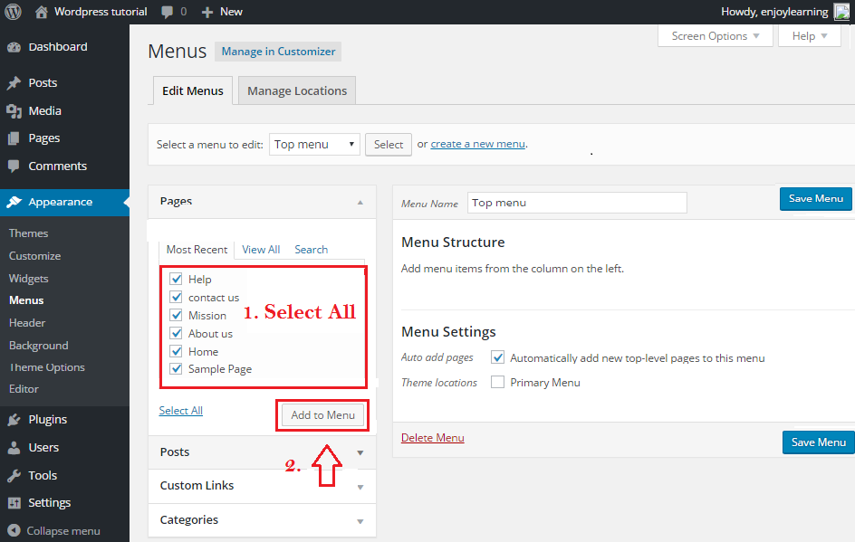 wordpress menu select in dashboard